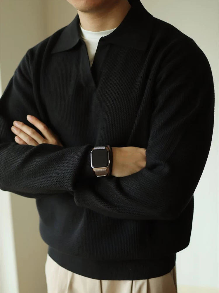 Polo informal de punto para hombre, jersey de manga larga con cuello vuelto